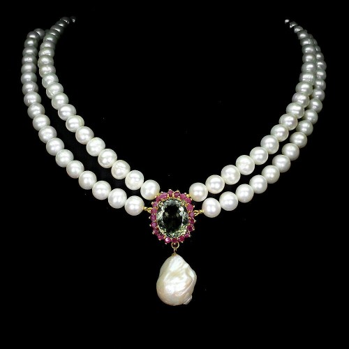 Natürliche Perlen Halskette Rubine grüner Amethyst