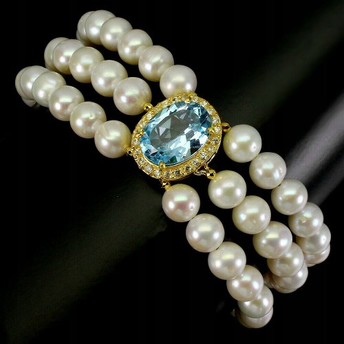 Armband aus Sky Blue Topas mit natürlichen Perlen und Zirkonia