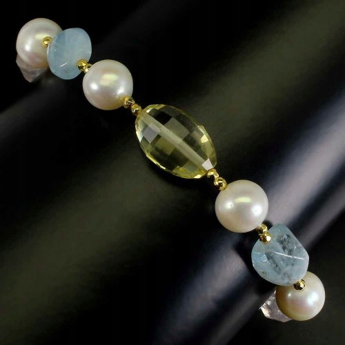 Armband aus Aquamarin Perlen mit Zitronenquarz Rosenquarz