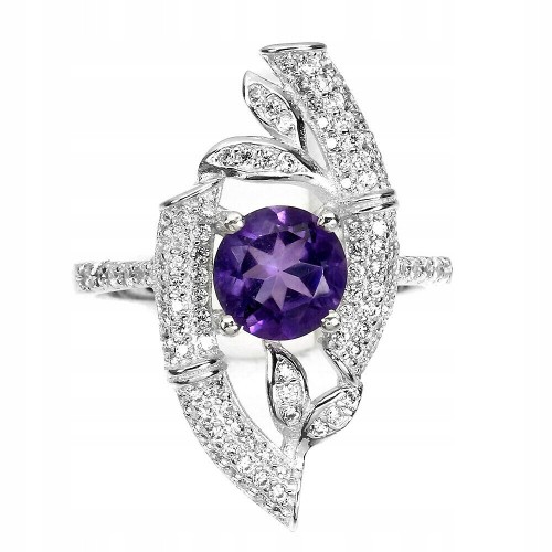 Silberring mit natürlichem Amethyst und Zirkonia, Größe 16