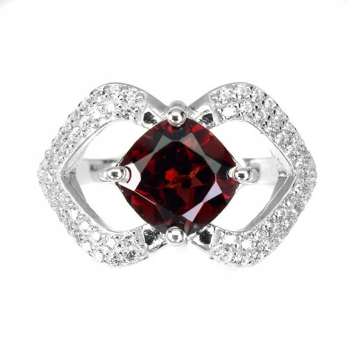 Natürlicher Silberring mit Granat und Zirkonia, Größe 17