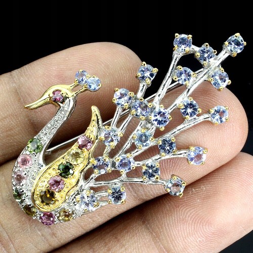 Brosche Pfau Turmalin Tansanit Granat Silber 925