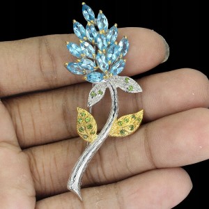 Brosche Silber natürliche Diopside Topas Swiss Blume