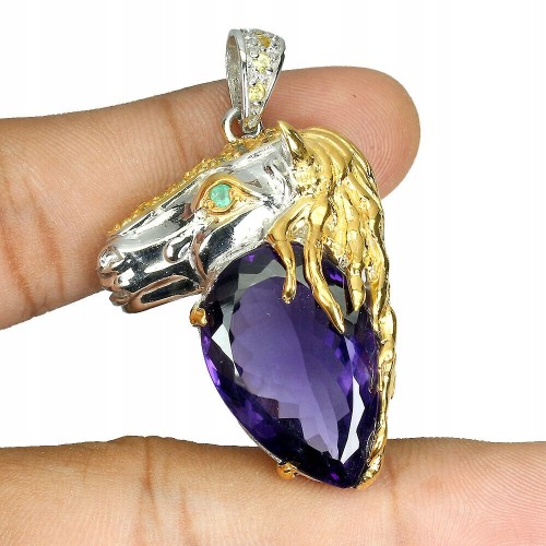 Anhänger 925 natürliches 23,91 ct Amethyst Saphire Pferd