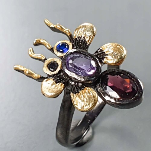 Künstlerischer Ring Amethyst Granat Größe 17 Fliege