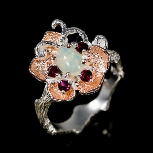 Künstlerischer Feueropal Granat Ring Größe 16,5