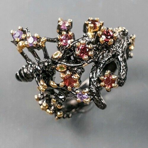 Künstlerischer Amethyst-Granatring Größe 17,5