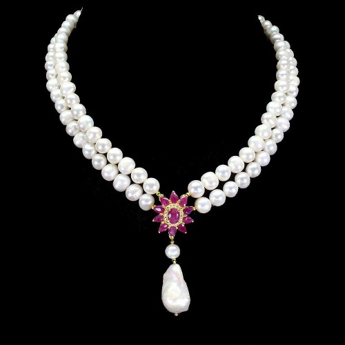 Halskette Perlen Rubine Silber natur weißer Topas