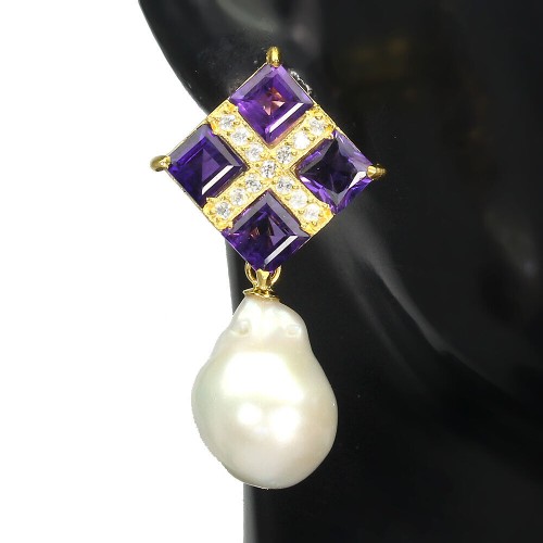 925 Silberohrringe natürliche Amethyste Perlen 3