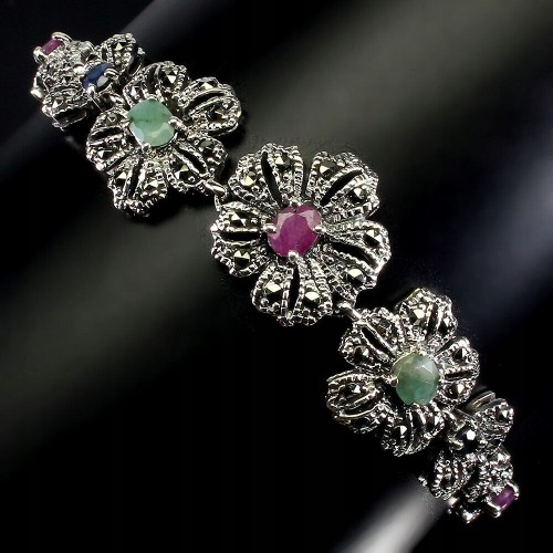 Armband 925 Markasit Smaragde Rubin Blume