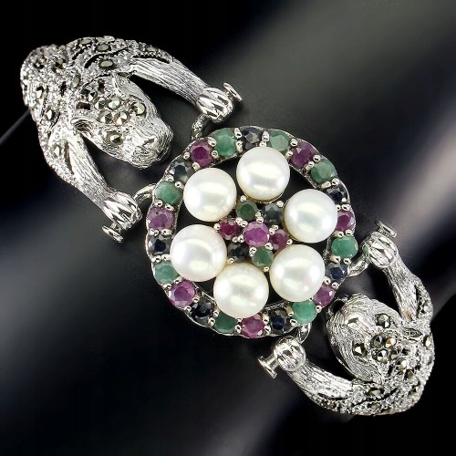 Armband mit Markasit Perlen und Smaragden Tiger 925