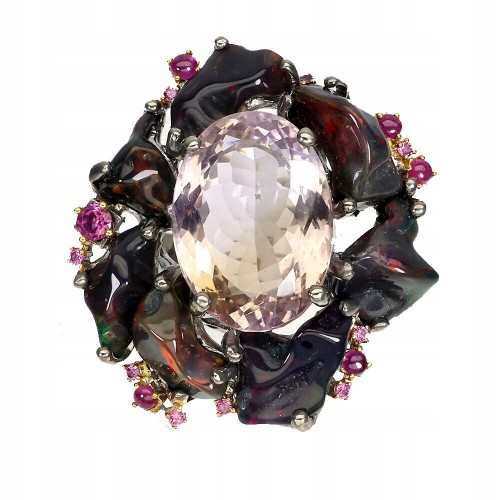 Silberring Größe 14 Ametrine 21 ct schwarze Opale