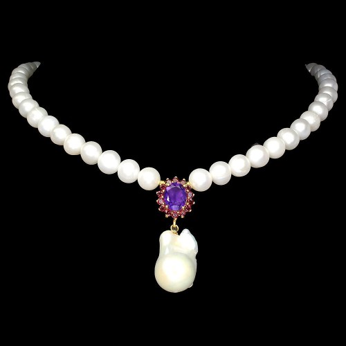 925 Halskette Naturperlen Granat Amethyst