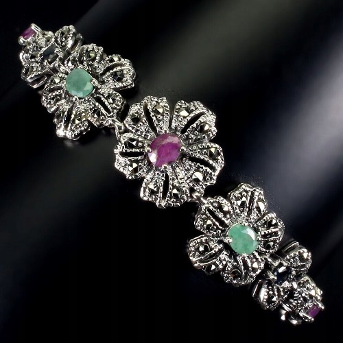 Blume Armband 925 Markasit Smaragd Rubin