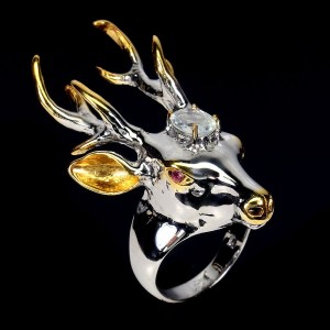 Silberring Rubine Aquamarin Größe 15,5 Hirsch