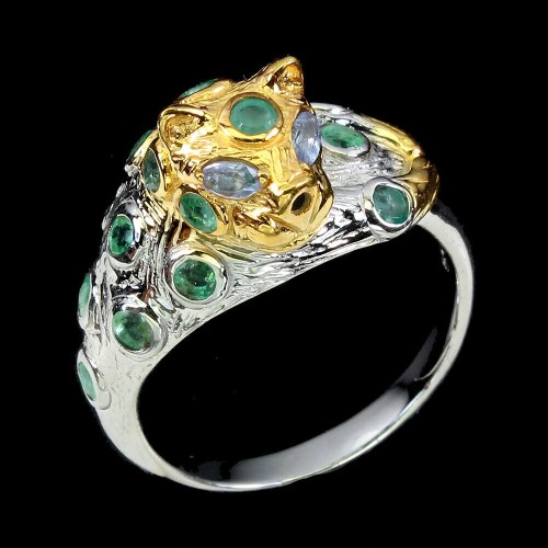 Ring Tiger Smaragde Tansanit Größe 18 Silber