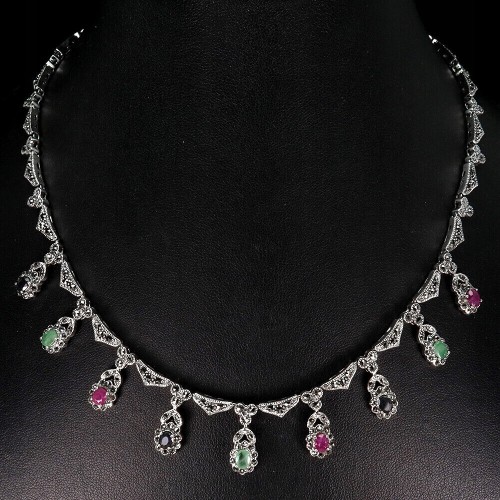 925 Collier Smaragde Markasit Rubine Saphire