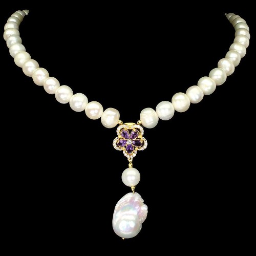 Halskette natürliche Perlen Amethyste Blume 925