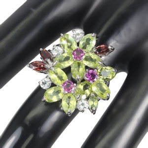 Ring Granate Olivin Aquamarin Blume Größe 17