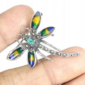 Brosche Silber Schwarz Opal Natürliche Markasit Libelle