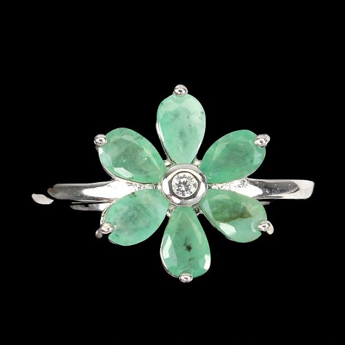 Silberner zarter Ring mit Smaragden Blume Größe 14