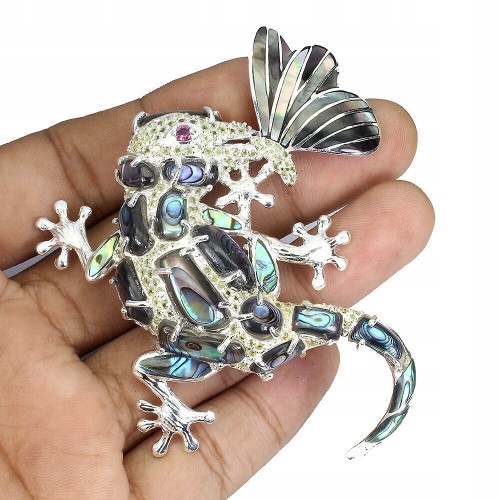 Brosche aus Sterlingsilber mit Perlmutt Olivin Gecko Anhänger