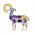 Silberne Ziege Brosche mit natürlichen Amethysten und Kyaniten