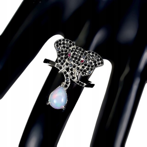 Ring Feueropal schwarze Spinelle Größe 14 Elefant