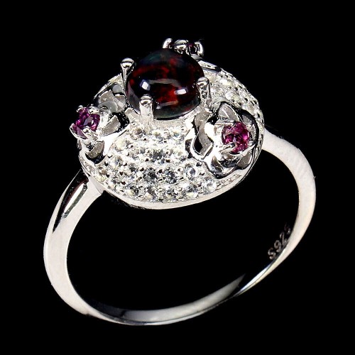 925er Ring schwarzer Opal Größe 19,5 Granat Topas