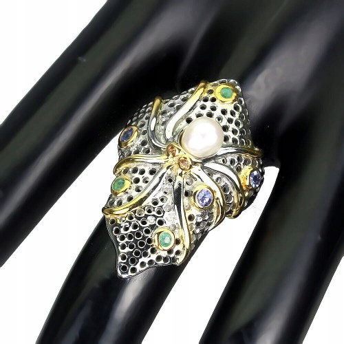 Ring Tansanit Smaragd Oktopus Perle Größe 20