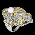Ring Tansanit Smaragd Oktopus Perle Größe 20