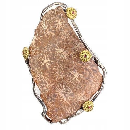 Silberbrosche Granat Korallenfossil