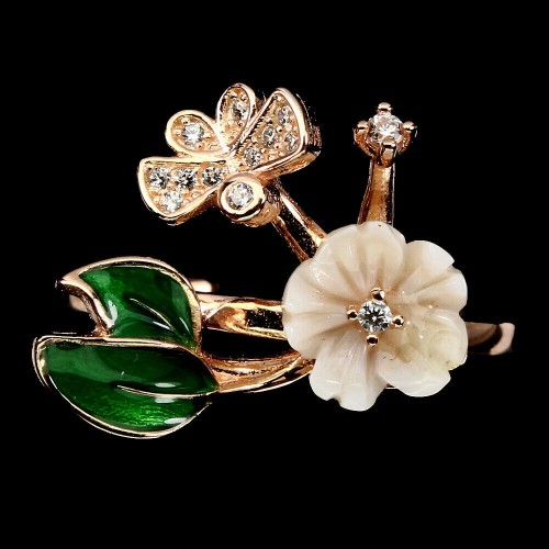 Ring Perlmutt mit Zirkonen Blumen 17 Emaille