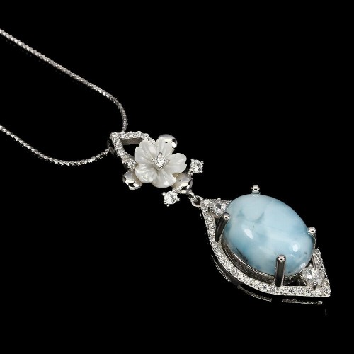 Silber Halskette Larimar Zirconia 925 Blumen