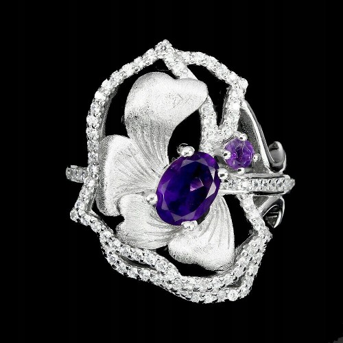 Silberring mit natürlichen Amethysten - 15 Blüten