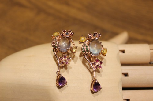 Schöne Ohrringe 925 Prehnit Amethyste Saphire