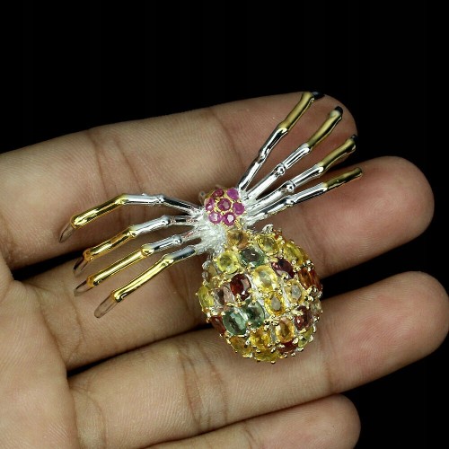 Brosche Silber Rubine Saphire natur 925