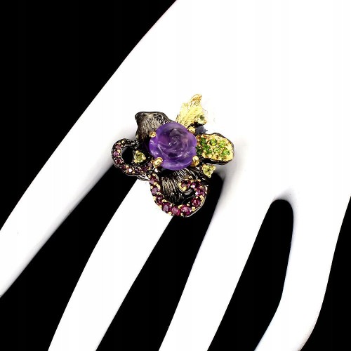 Schöner Ring natürliche Diopsid Amethyste 925