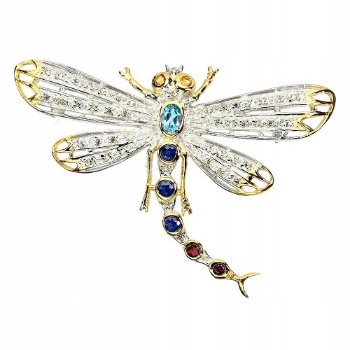 Silberne Libelle Brosche Saphire Topas Swiss Granate