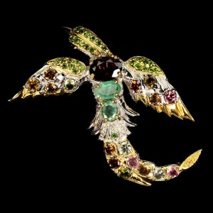 Brosche Silber Smaragde 925 Naturrubin Vogel