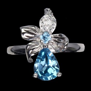 Silberring natürlicher Swiss Blue Topas Größe 14