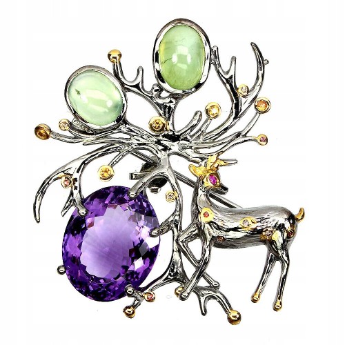 Brosche Amethyst Prehnit Saphire Hirsch 24.68ct