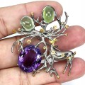 Brosche Amethyst Prehnit Saphire Hirsch 24.68ct
