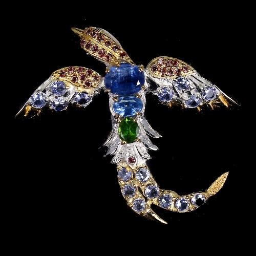 Brosche aus 925er Sterlingsilber mit natürlichen Vogel Saphiren