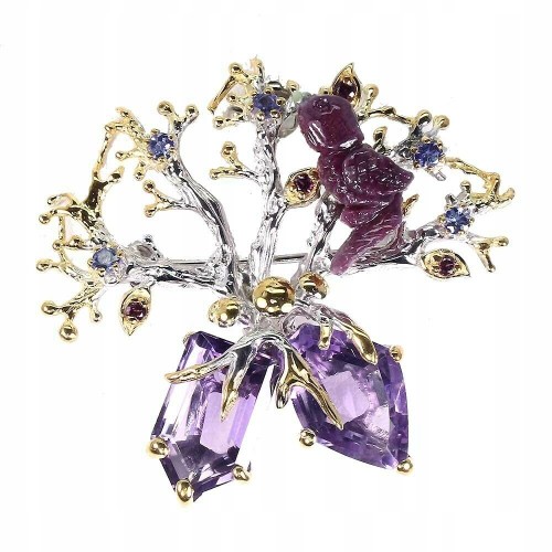 Silberbrosche natürlicher Amethyst Granat Zoisit