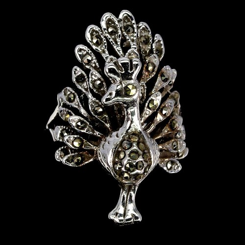 Natural ring, 925 silver, marcasite size 17 peacock