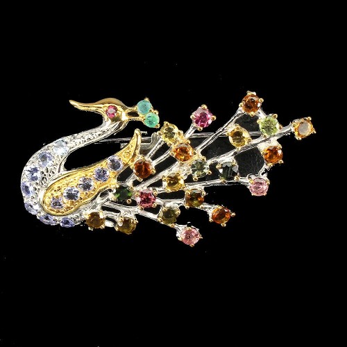 Brosche Pfau Turmaline Smaragde Silber 925