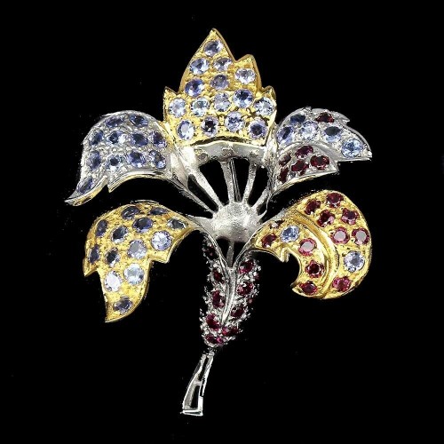 Granaten Brosche aus 925er Silber mit schöner Tansanit Blume