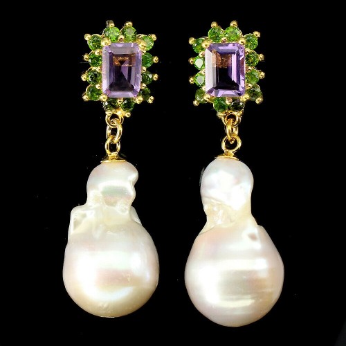 Silberne Ohrringe mit natürlichen Amethyst Diopsid Perlen