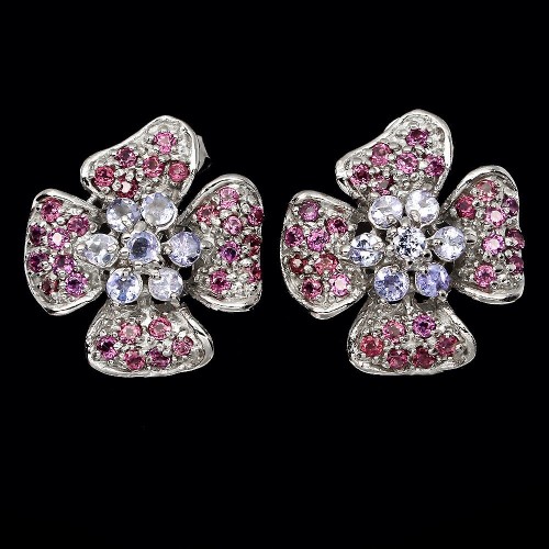 Silberne Ohrringe mit natürlichen Tansanit Granaten Blume